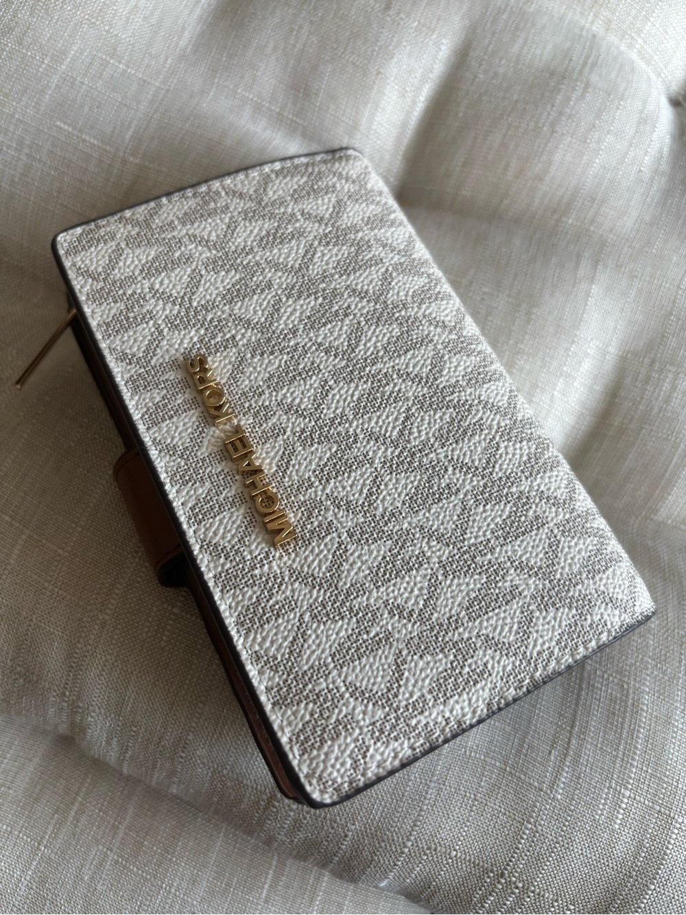 Authentic Michael Kors Cream Logo Zip-Around Wallet with Gold Hardware